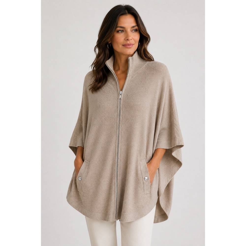 White House Black Market Oatmeal Beige‎ Zip Front Poncho Sweater Small Mock Neck